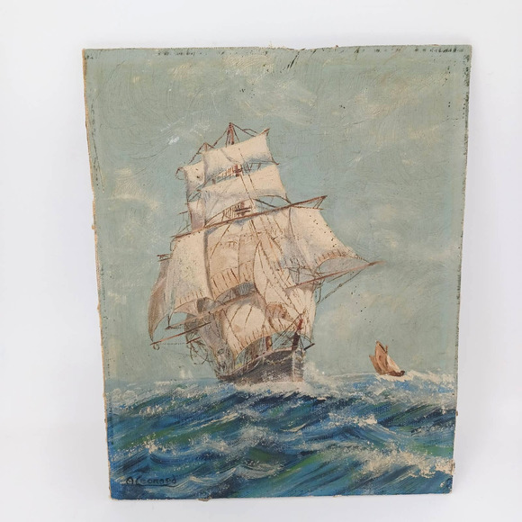Other - Vintage Signed Oil Cardboard Ship At The Sea Painting